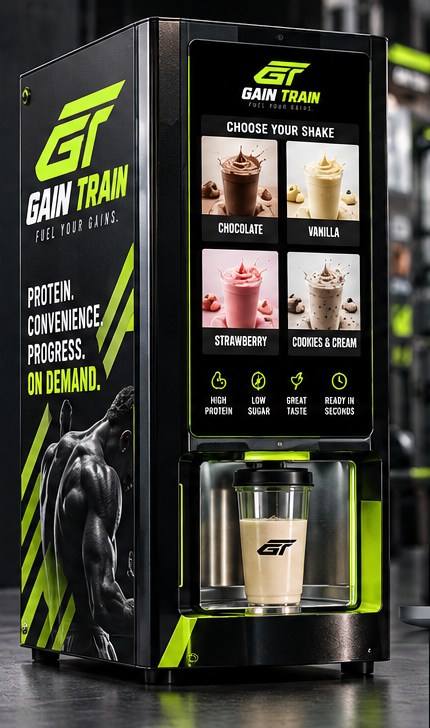 Gain Train countertop protein shake machine branding concept